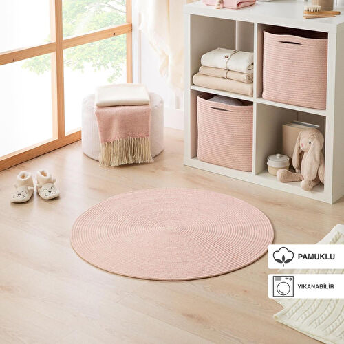 Ocean Home Textile Yıkanabilir Pembe Kırçıllı Pamuklu Halı Kilim Ø 80 Cm