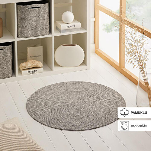 Ocean Home Textile Yıkanabilir Gri Kırçıllı Pamuklu Halı Kilim Ø 80 Cm