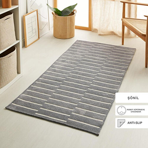 Ocean Home Textile Gri Renk Çizgi Desenli Şönil Halı Kilim 80 X 150 Cm