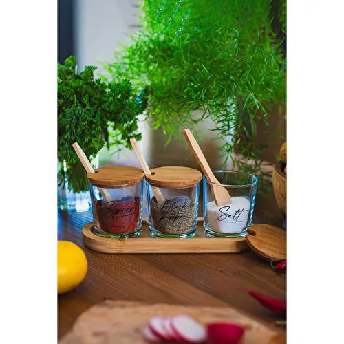 Rakle Marsala Bambu Kaşıklı Ve Stantlı 3'lü Baharatlık Seti 190 Cc