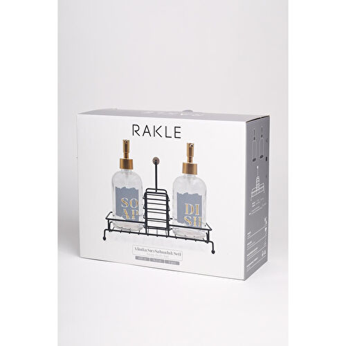 Rakle Alaska Siyah Metal Ahşap Kulplu Stand 2'li Sıvı Sabunluk Seti 420 Cc