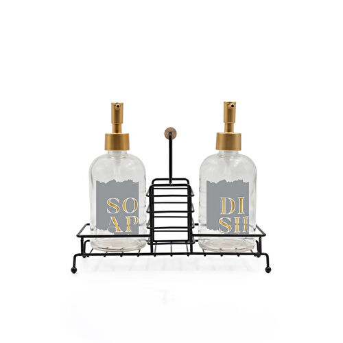 Rakle Alaska Siyah Metal Ahşap Kulplu Stand 2'li Sıvı Sabunluk Seti 420 Cc