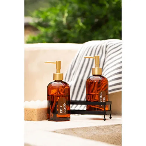 Rakle Neo Siyah Metal Kare Stantlı 2'li Sıvı Sabunluk Seti Amber 420 Cc