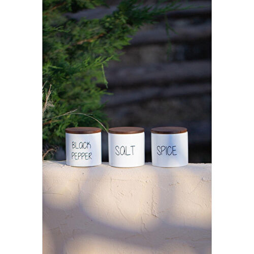 Rakle Nero Seramik Ahşap Kapaklı 3'lü Baharatlık Seti 345 Cc