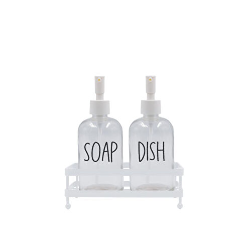 Rakle Basic Beyaz Metal Kare Stantlı 2'li Sıvı Sabunluk Seti 420 Cc