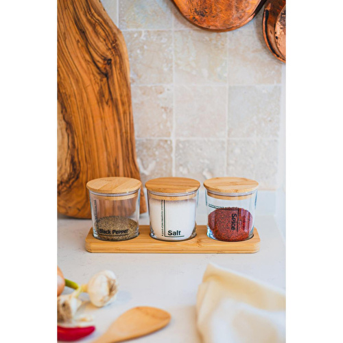 Rakle Daily Bambu Kapak Ve Stantlı 3'lü Baharatlık Seti 380 Cc