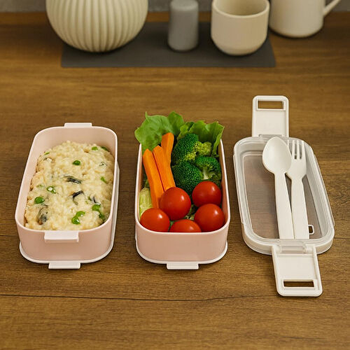 Vienev İki Katlı Saklama Kabı Ve Öğün Kabı – Çatal Kaşık Dahil Pembe
