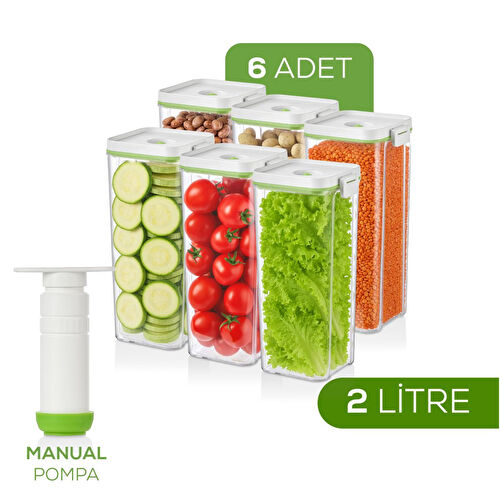 Vienev 7'li Vakumlu Saklama Kabı Seti | 6x 2 Litre Kap + Manuel Pompa