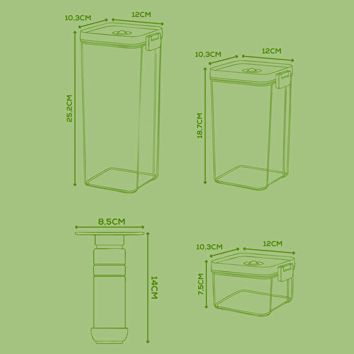 Vienev 7'li Vakumlu Saklama Kabı Seti | 2x(2 Lt-1,3 Lt-0,5 Lt) Kap + Manuel Pompa