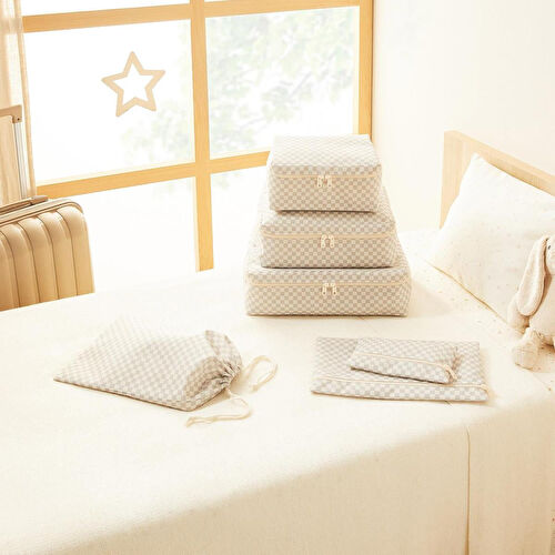 Ocean Home Textile 6'lı Yıkanabilir Gri Dama Desen Pamuklu Bavul İçi Düzenleyici Set