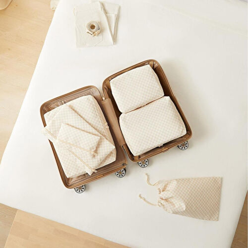 Ocean Home Textile 6'lı Yıkanabilir Bej Dama Desen Pamuklu Bavul İçi Düzenleyici Set