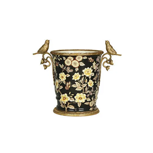 Lucky Art Siyah Cicekli Porselen Vazo 31 Cm