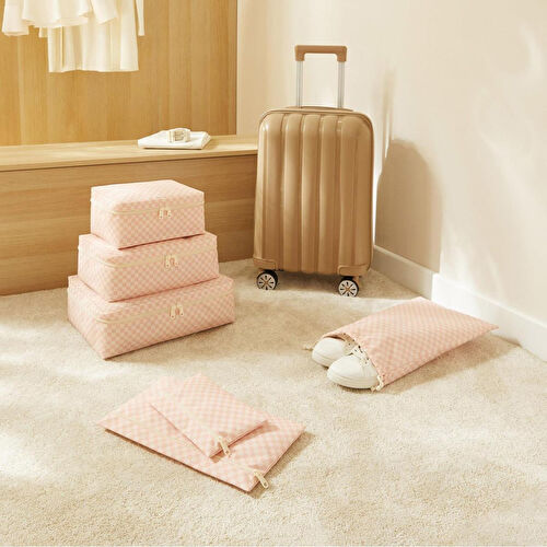 Ocean Home Textile 6'lı Pembe Dama Desen Pamuklu Bavul İçi Düzenleyici Set