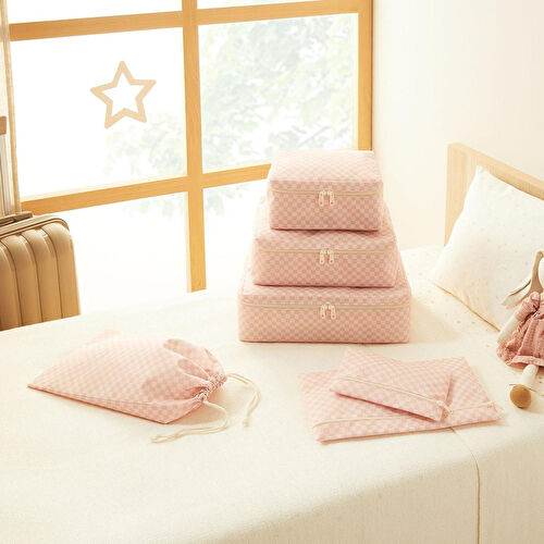 Ocean Home Textile 6'lı Pembe Dama Desen Pamuklu Bavul İçi Düzenleyici Set