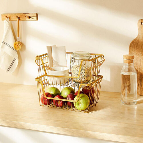 Ocean Home Textile 2'li Altın Renk Metal Sepet Set 32 X 22 X 16 Cm