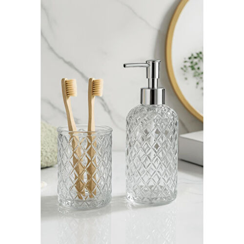 Lora Bianca Lara Cam Sıvı Sabunluk Ve Diş Fırçalık - 2'li Banyo Seti