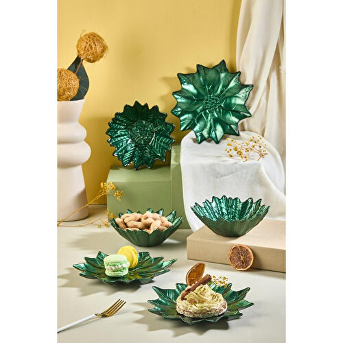 Lora Bianca Yeşil Poinsettia Cam Tabak & Kase Seti - 3 Adet Tabak - 3 Adet Kase Yeşil