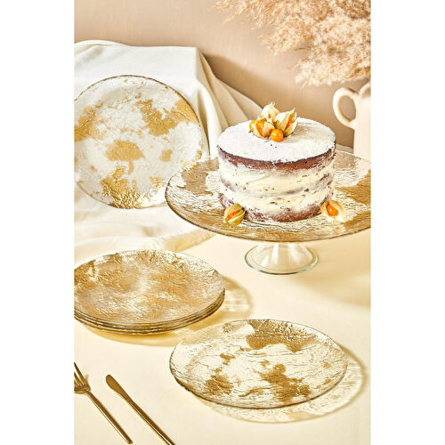 Lora Bianca Marmo Altın 7 Parça Pasta/kek/tatlı Sunum Tabağı Seti Altın