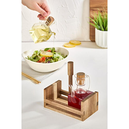 Lora Bianca Akasya Ahşap Standlı Cam 2'li Yağdanlık & Sirkelik Seti Akasya