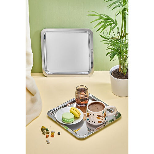 Lora Bianca Kare Paslanmaz Çelik 6’lı Gümüş Kahve, Çay, Dekoratif Sunum Servis Nişan Tepsisi