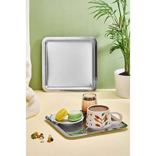 Lora Bianca Kare Paslanmaz Çelik 6’lı Gümüş Kahve, Çay, Dekoratif Sunum Servis Nişan Tepsisi