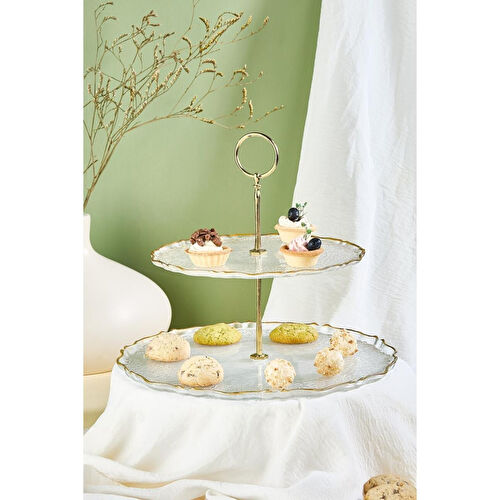 Lora Bianca Goblen 2 Katlı Pasta/kurabiyelik/şekerlik Sunum Standı Şeffaf