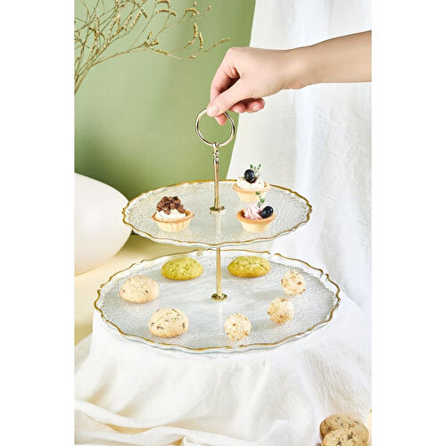 Lora Bianca Goblen 2 Katlı Pasta/kurabiyelik/şekerlik Sunum Standı Şeffaf