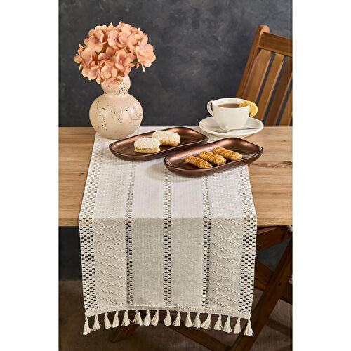 Lora Bianca Rustique Krem Pamuk Masa Örtüsü Runner 35x145 Cm