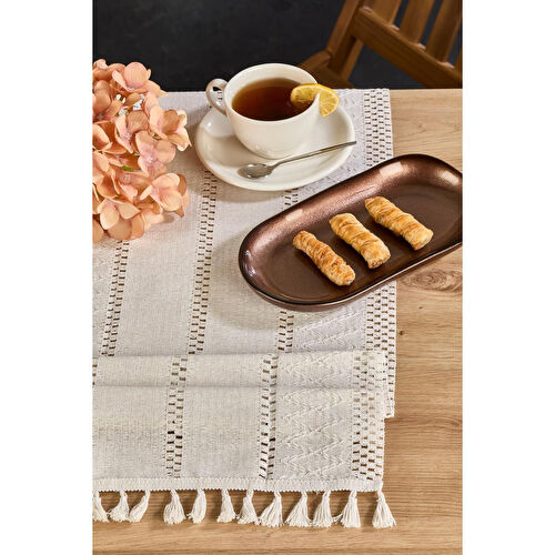Lora Bianca Rustique Krem Pamuk Masa Örtüsü Runner 35x145 Cm