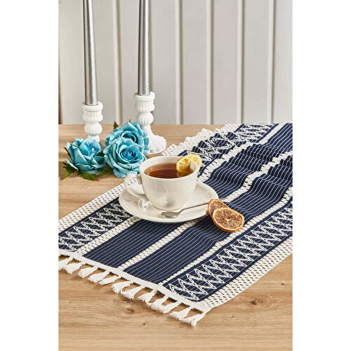 Lora Bianca Rustique Lacivert Pamuk Masa Örtüsü Runner 35x145 Cm Lacivert
