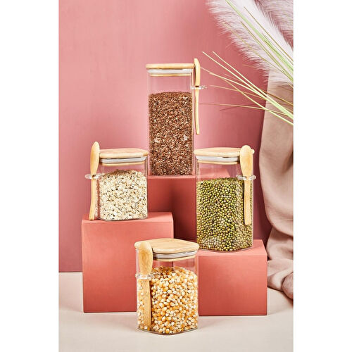 Lora Bianca 4' Lü Bambu Vakumlu Kapaklı & Kaşıklı Cam Kavanoz - Erzak/bakliyat Saklama Kabı Seti Beyaz