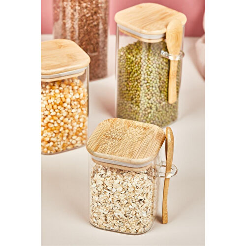 Lora Bianca 4' Lü Bambu Vakumlu Kapaklı & Kaşıklı Cam Kavanoz - Erzak/bakliyat Saklama Kabı Seti Beyaz