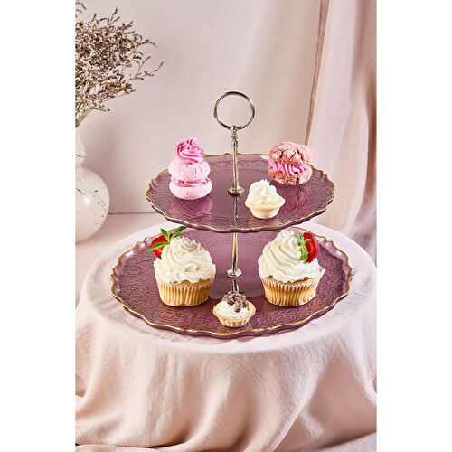 Lora Bianca Goblen Mürdüm Renk 2 Katlı Pasta/kurabiyelik/şekerlik Sunum Standı