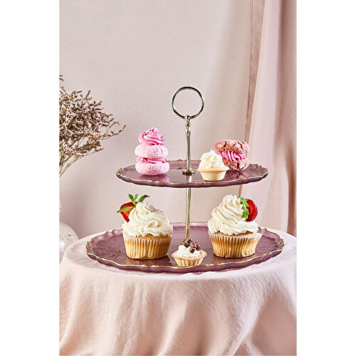 Lora Bianca Goblen Mürdüm Renk 2 Katlı Pasta/kurabiyelik/şekerlik Sunum Standı Mürdüm