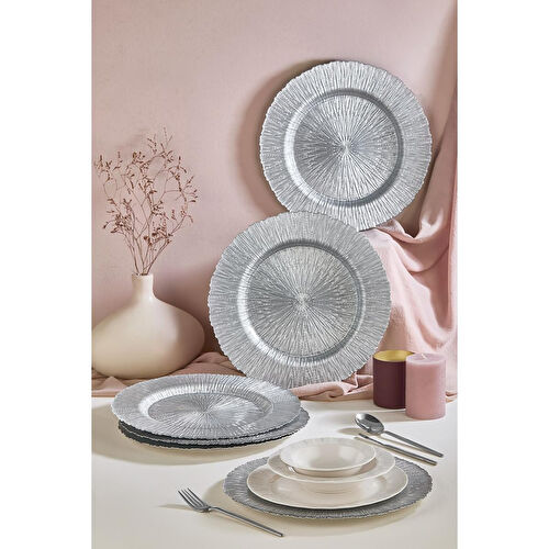 Lora Bianca Royal 6'lı Gümüş Cam Supla Tabak Seti 32 Cm