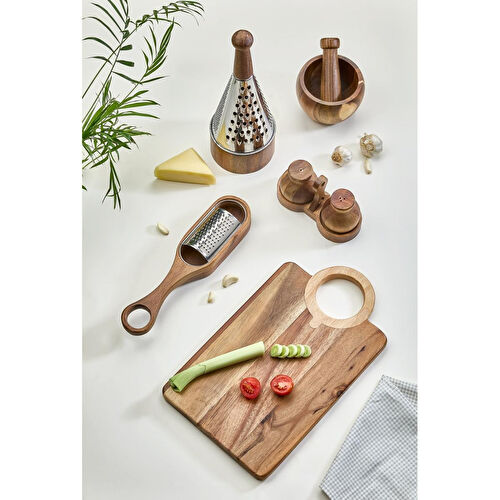 Lora Bianca 5 Parça Akasya Ahşap Set - Dik Rende, Havan, Sarımsak Rendesi, Kesme Tahtası Ve Tuzluk Biberlik
