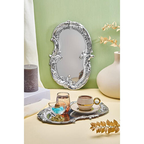 Lora Bianca Desenli Paslanmaz Çelik 6’lı Gümüş Kahve, Çay, Dekoratif Sunum Servis Nişan Tepsisi Gümüş