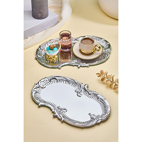 Lora Bianca Desenli Paslanmaz Çelik 6’lı Gümüş Kahve, Çay, Dekoratif Sunum Servis Nişan Tepsisi