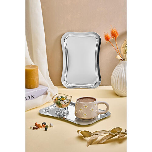 Lora Bianca Dikdörtgen Paslanmaz Çelik 6’lı Gümüş Kahve, Çay, Dekoratif Sunum Servis Nişan Tepsisi