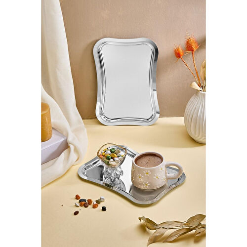 Lora Bianca Dikdörtgen Paslanmaz Çelik 6’lı Gümüş Kahve, Çay, Dekoratif Sunum Servis Nişan Tepsisi Gümüş