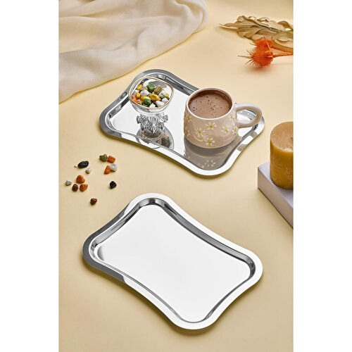 Lora Bianca Dikdörtgen Paslanmaz Çelik 6’lı Gümüş Kahve, Çay, Dekoratif Sunum Servis Nişan Tepsisi Gümüş