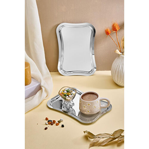 Lora Bianca Dikdörtgen Paslanmaz Çelik 6’lı Gümüş Kahve, Çay, Dekoratif Sunum Servis Nişan Tepsisi