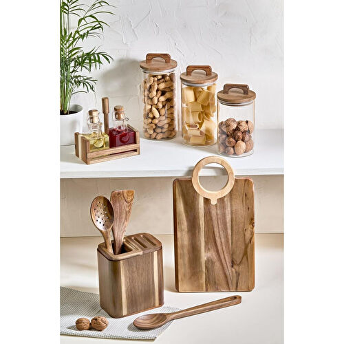 Lora Bianca 11 Parça Tezgah Üstü Akasya Ahşap Set - Kesme Tahtası, Yağdanlık, Kavanoz, Kaşıklık Ve Kaşık Seti Kahverengi