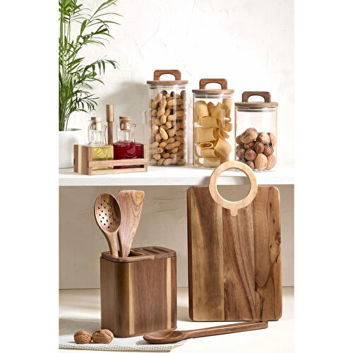 Lora Bianca 11 Parça Tezgah Üstü Akasya Ahşap Set - Kesme Tahtası, Yağdanlık, Kavanoz, Kaşıklık Ve Kaşık Seti