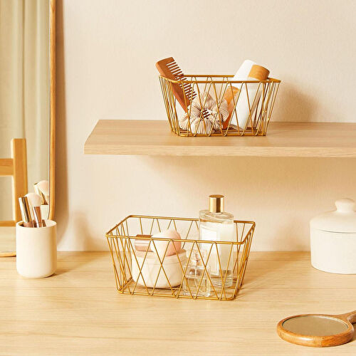 Ocean Home Textile 2'li Altın Renk Metal Sepet Set 25 X 18.5 X 10.5 / 20.5 X 15.5 X 10 Cm