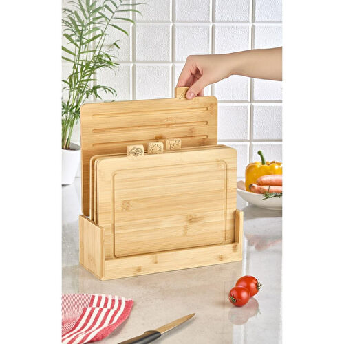 Lora Bianca Bambu 4' Lü Standlı Ahşap Kesme Tahtası Seti Kahverengi