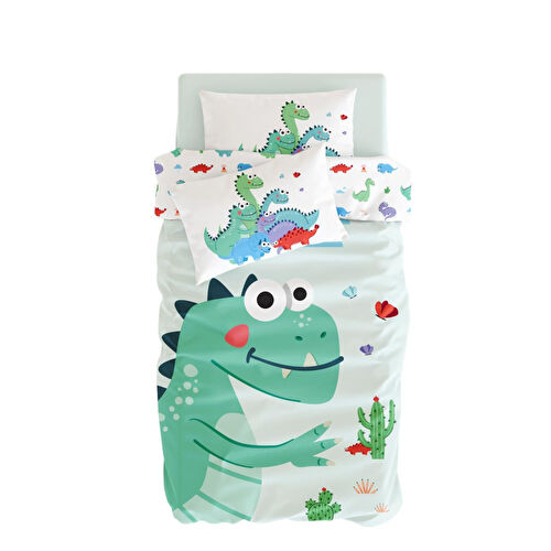 Itsy Bitsy Kids Çift Taraflı Organik Tek Kişilik Çocuk Nevresim Takımı - Dinazor Desenli - Dinotopia Serisi