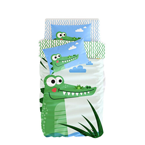 Itsy Bitsy Kids Çift Taraflı Organik Tek Kişilik Çocuk Nevresim Takımı - Timsah Desenli - Croc A Dream Serisi