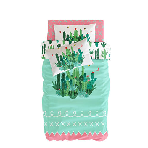 Itsy Bitsy Kids Çift Taraflı Organik Tek Kişilik Çocuk Nevresim Takımı - Kaktüs Çiçekleri Desenli - Cactopia Serisi