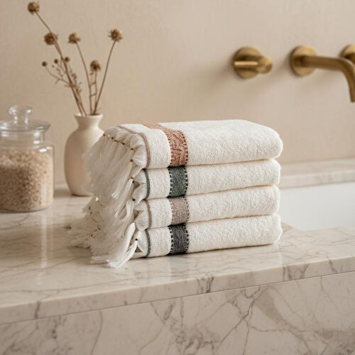 Green Black Galya 4'lü El Yüz Havlusu %100 Organik Kapok Bordürlü 50x90 Cm